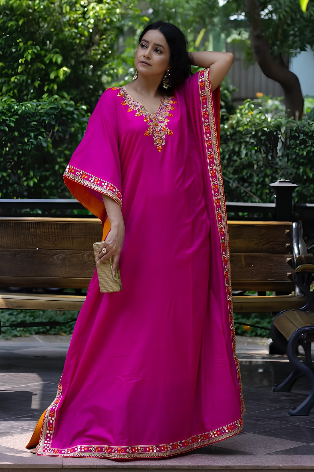 FUCHSIA PURE SILK EMBROIDERED KAFTAN DRESS