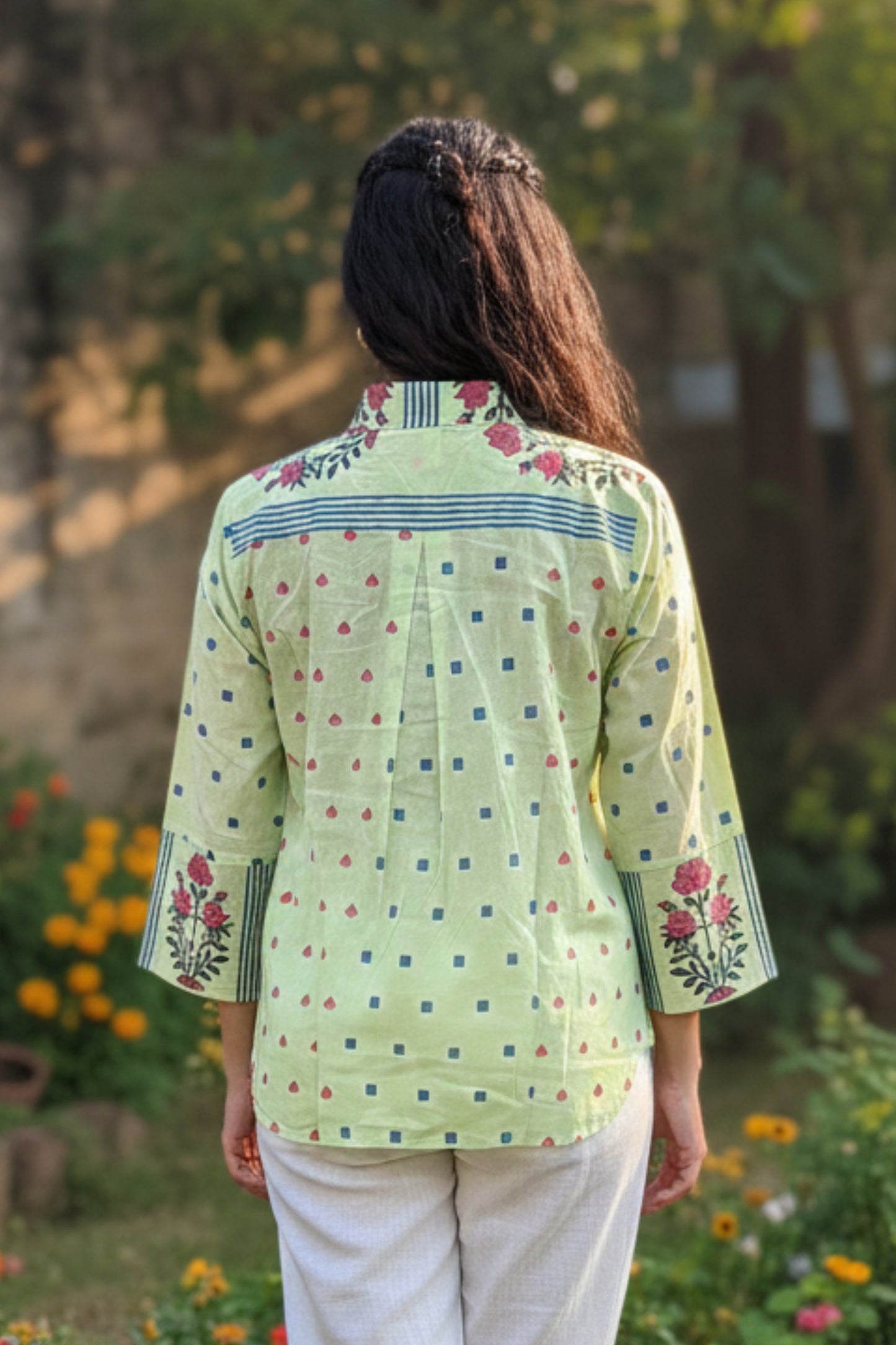 MULMUL HAND BLOCK PRINTED SHIRTS (PISTA GREEN)