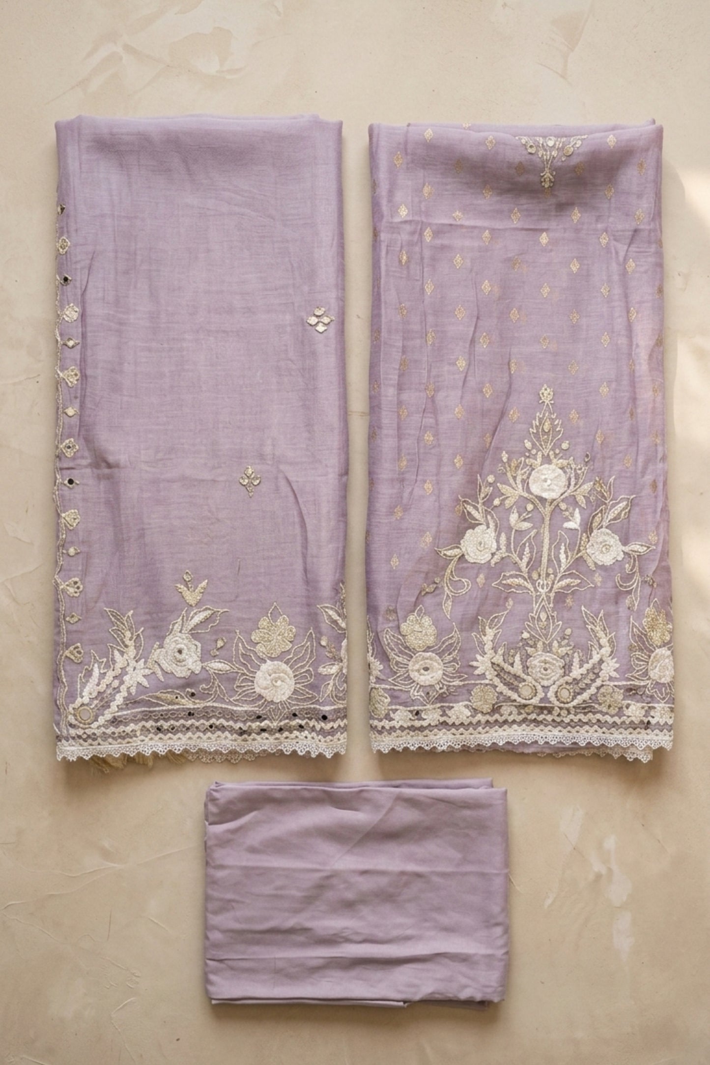 EMBROIDERED MUL CHANDERI SUIT SET