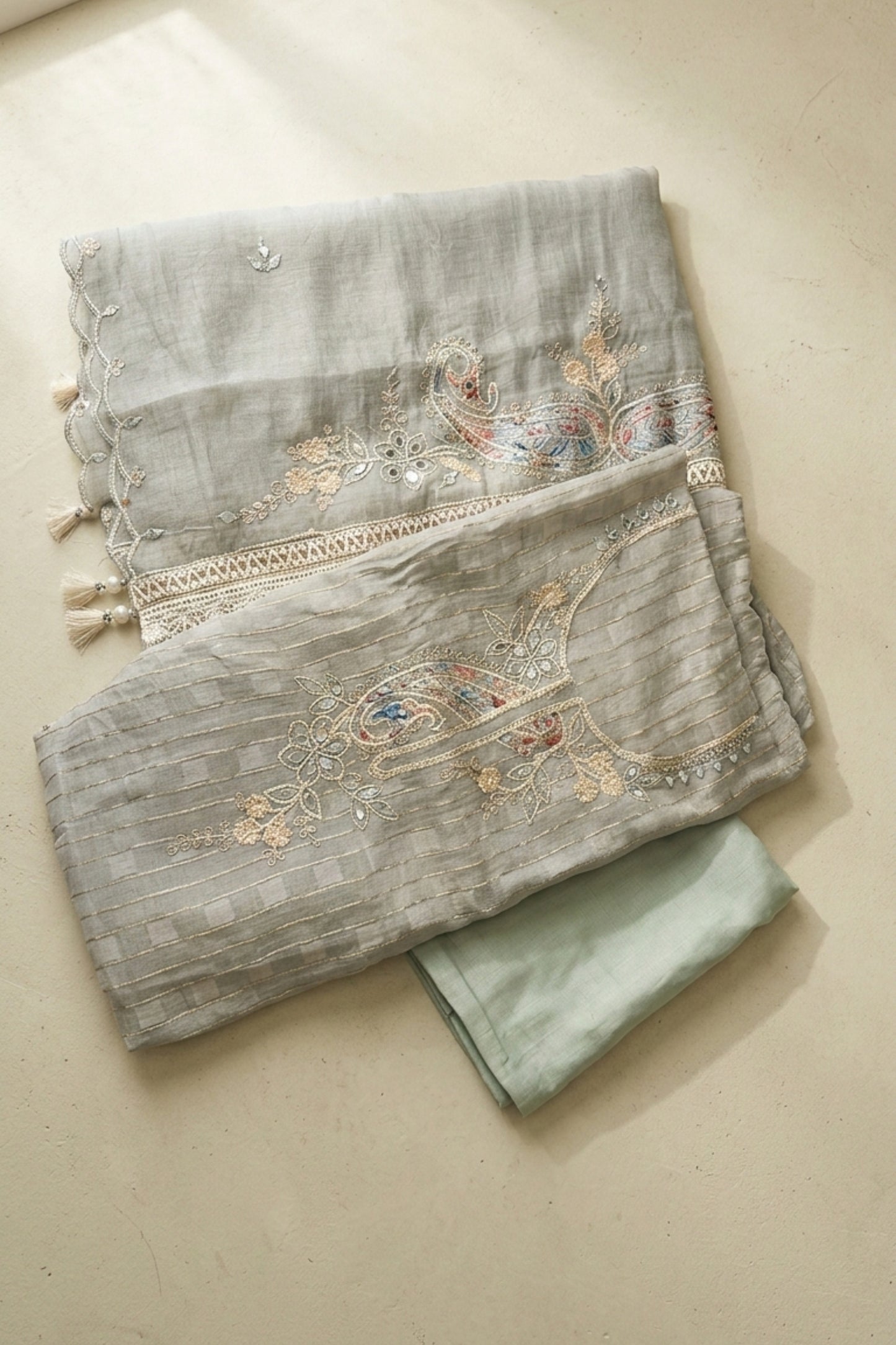 EMBROIDERED MUL CHANDERI SUIT SET