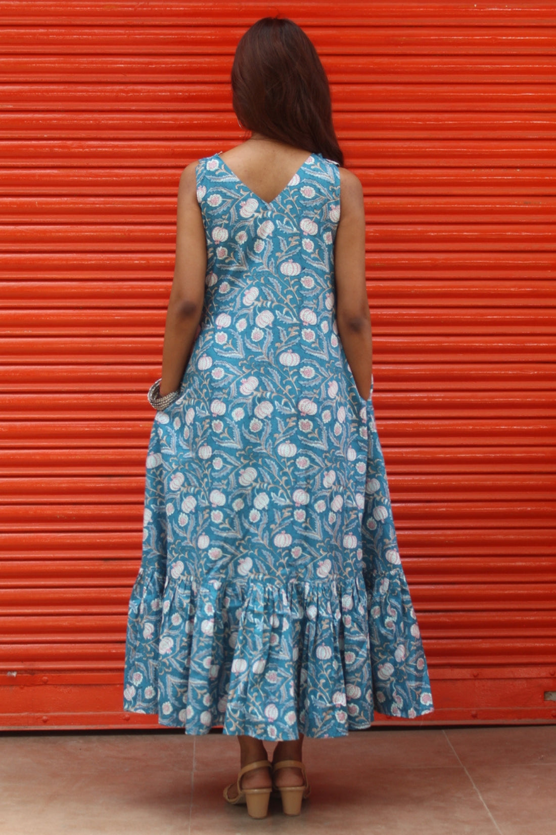 HAND BLOCK PRINTED DRESS WITH CROCHET FLOWERS