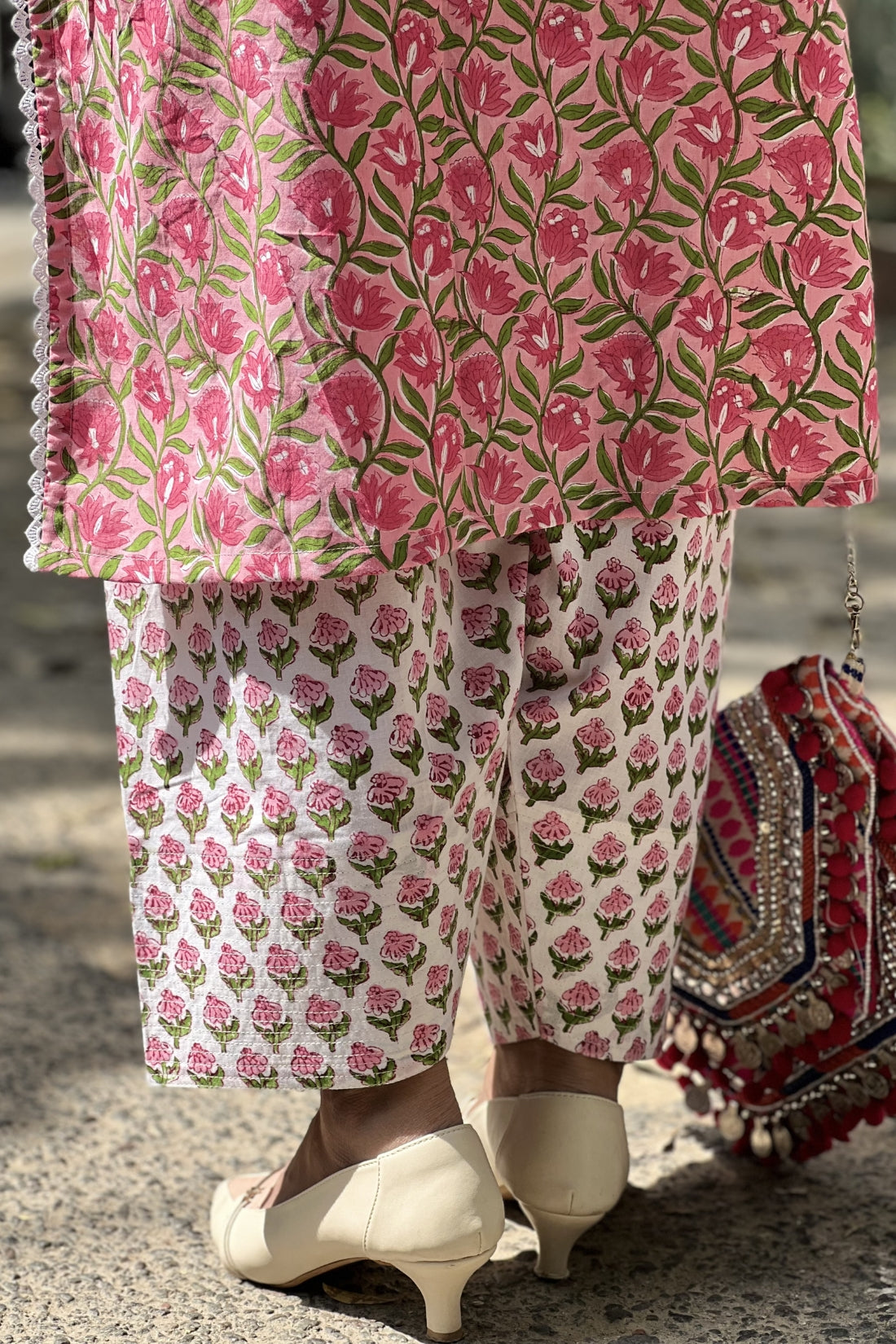 HAND BLOCK PRINTED SUIT SET WITH LACE DETAILING