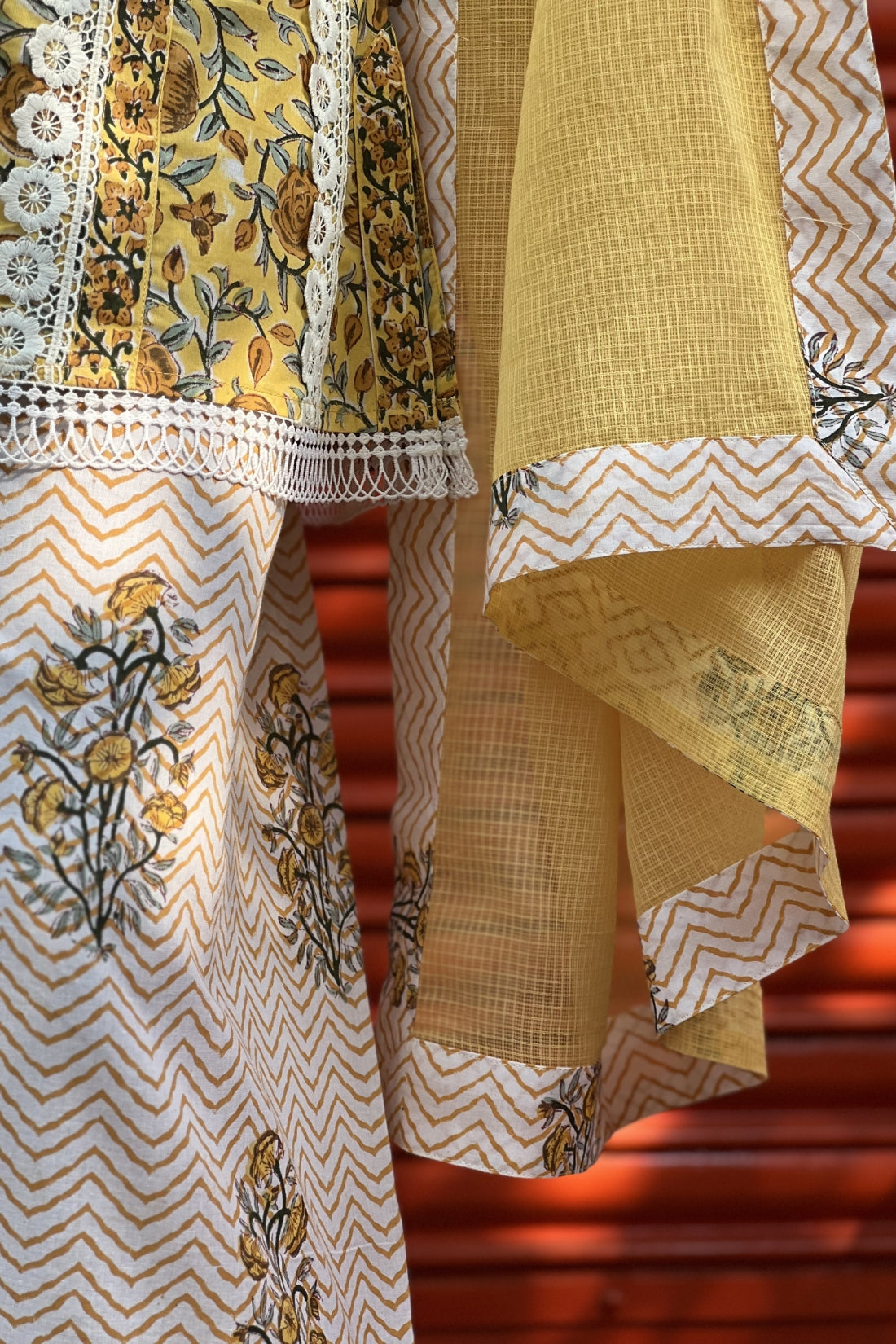 HAND BLOCK PRINTED KALIDAR SUIT SET WITH LACE DETAILING