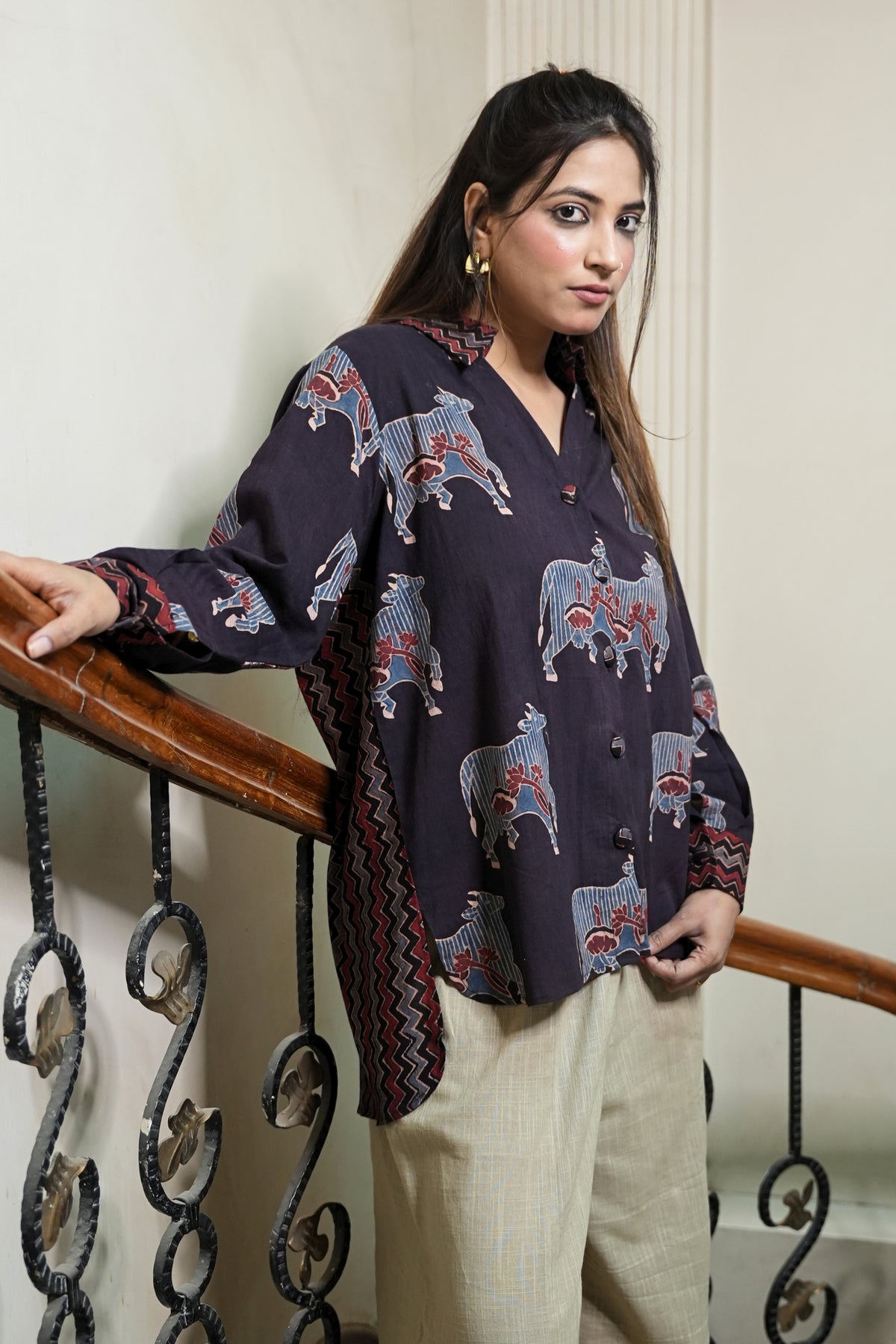 MIDNIGHT AJRAKH COW PRINT SHIRT