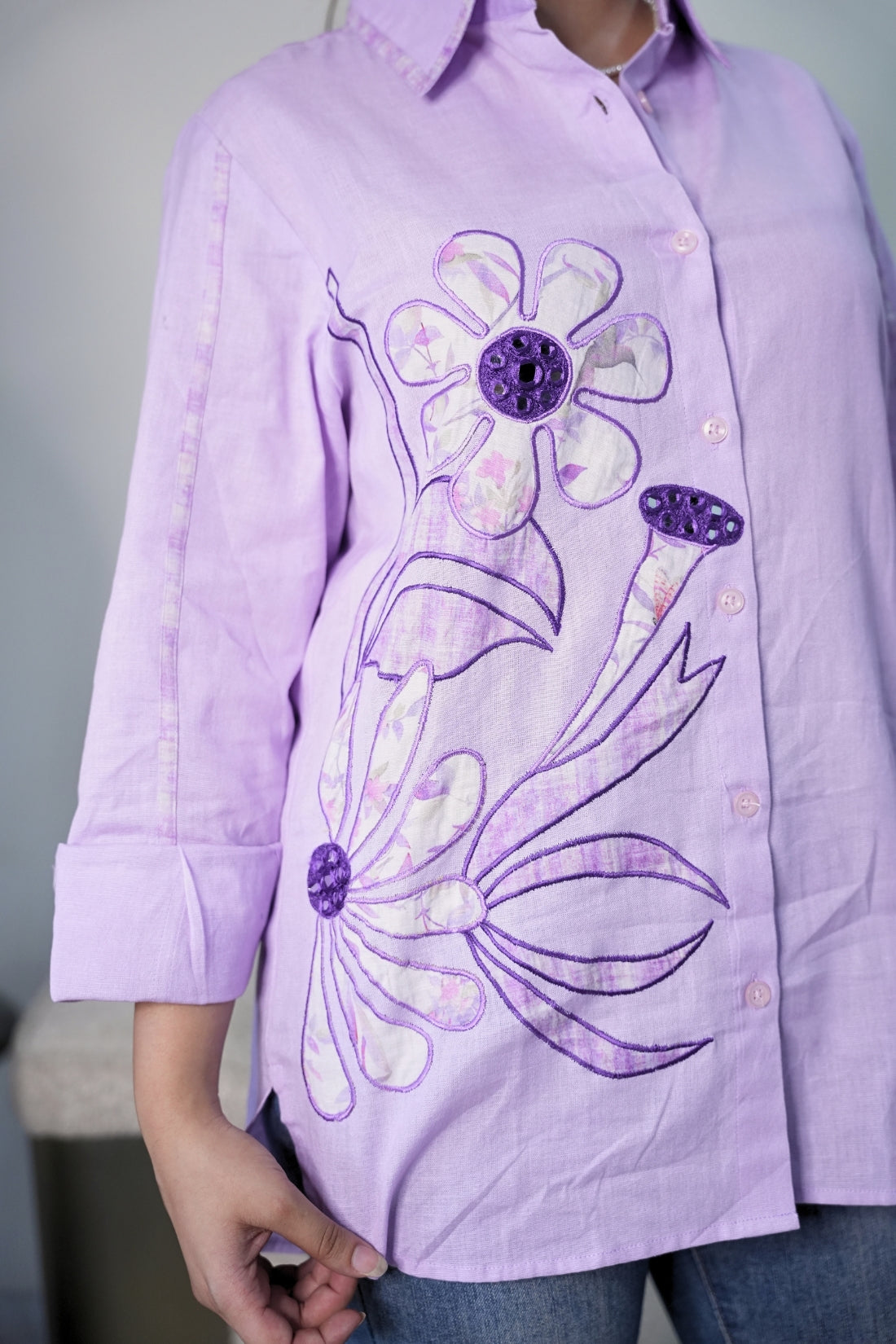 PASTEL MAUVE FLORAL EMBROIDERED SHIRT