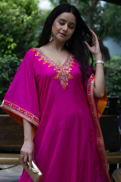 FUCHSIA PURE SILK EMBROIDERED KAFTAN DRESS