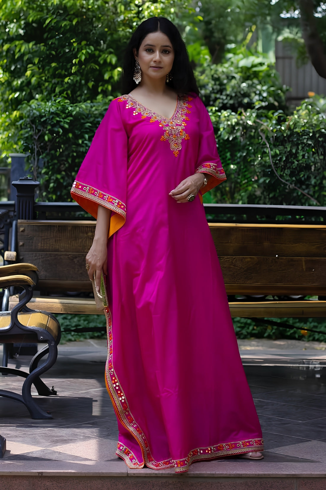FUCHSIA PURE SILK EMBROIDERED KAFTAN DRESS
