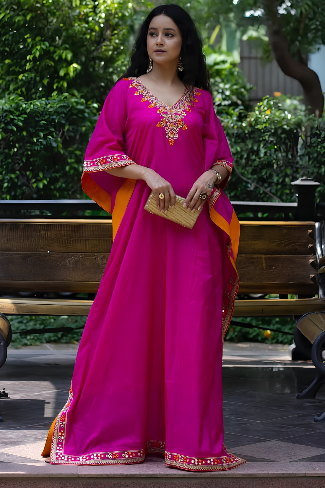 FUCHSIA PURE SILK EMBROIDERED KAFTAN DRESS