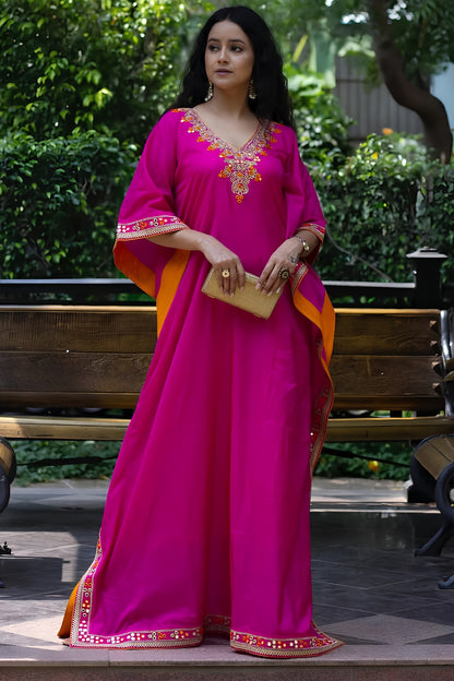FUCHSIA PURE SILK EMBROIDERED KAFTAN DRESS