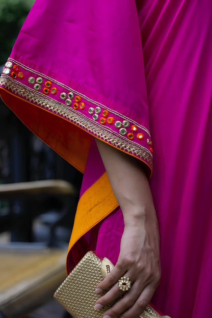 FUCHSIA PURE SILK EMBROIDERED KAFTAN DRESS