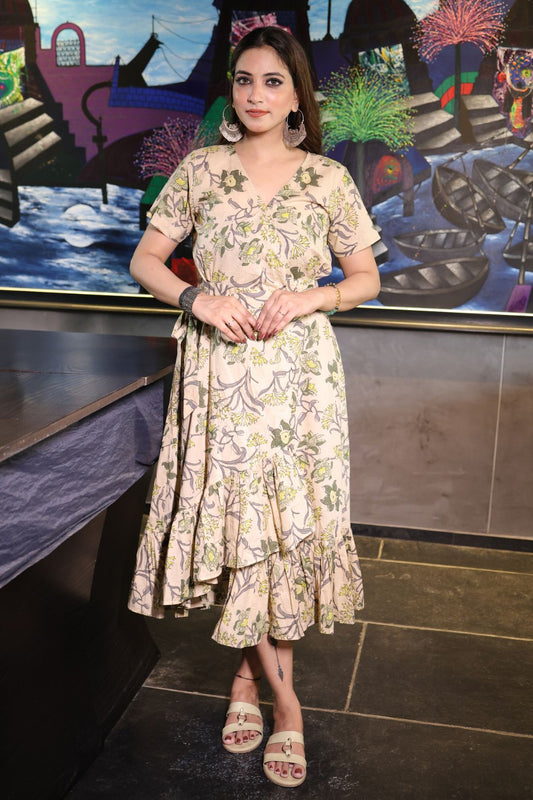 OVERLAPPING PURE COTTON HAND BLOCK PRINTED DRESS