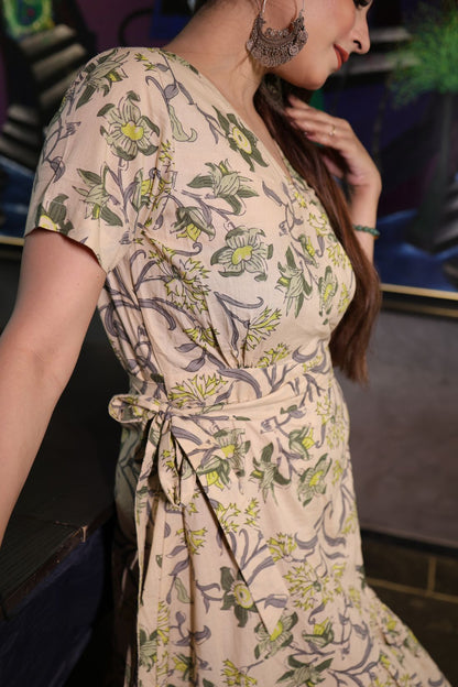 OVERLAPPING PURE COTTON HAND BLOCK PRINTED DRESS
