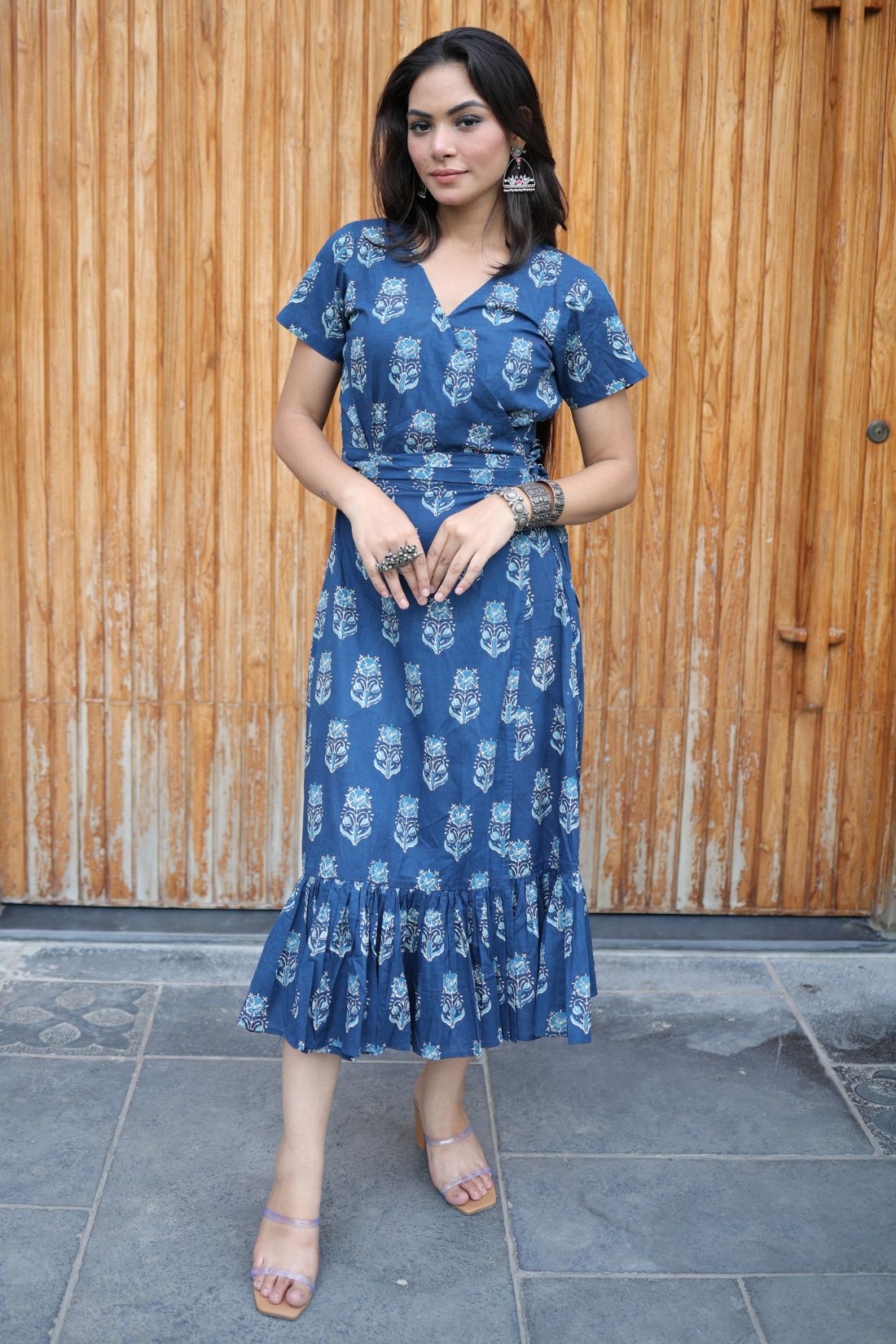 OVERLAPPING PURE COTTON HAND BLOCK PRINTED DRESS
