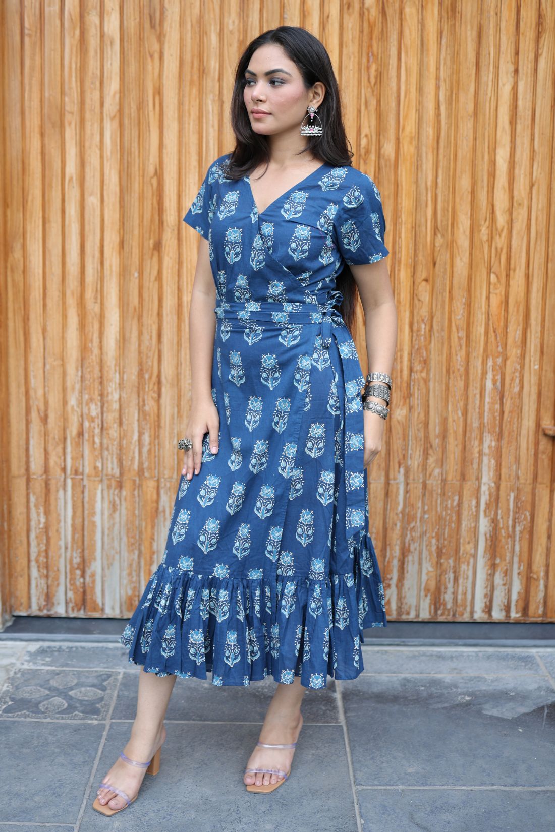 OVERLAPPING PURE COTTON HAND BLOCK PRINTED DRESS