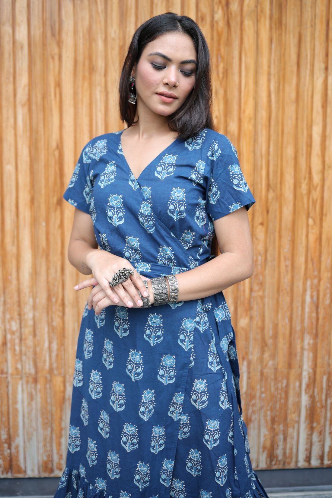 OVERLAPPING PURE COTTON HAND BLOCK PRINTED DRESS