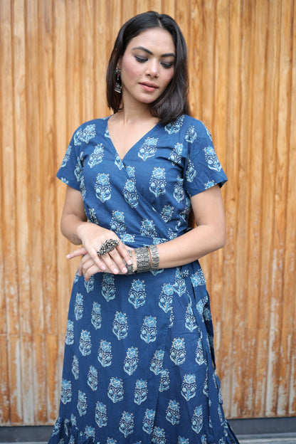 OVERLAPPING PURE COTTON HAND BLOCK PRINTED DRESS