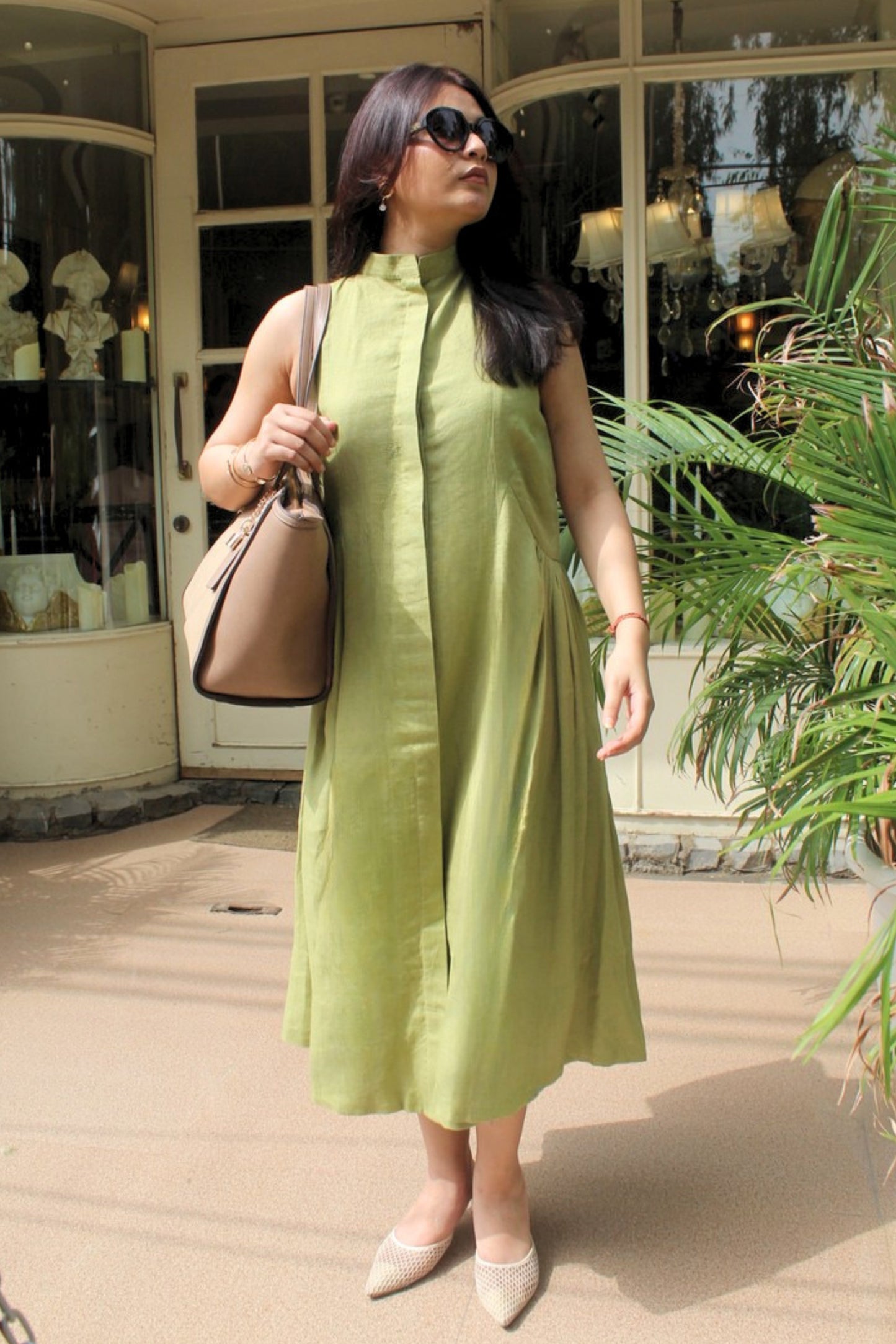 Olive Backless Pure Linen Dress