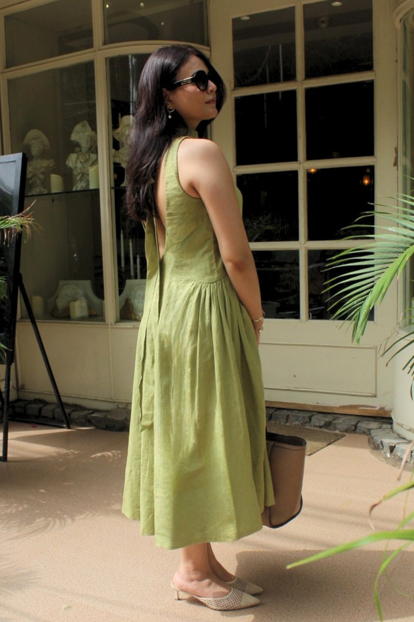 Olive Backless Pure Linen Dress