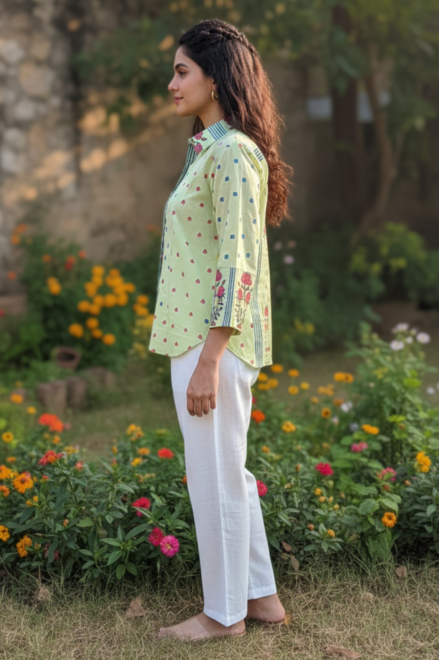 MULMUL HAND BLOCK PRINTED SHIRTS (PISTA GREEN)