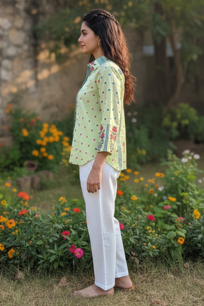 MULMUL HAND BLOCK PRINTED SHIRTS (PISTA GREEN)