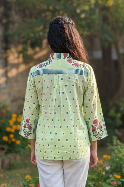 MULMUL HAND BLOCK PRINTED SHIRTS (PISTA GREEN)