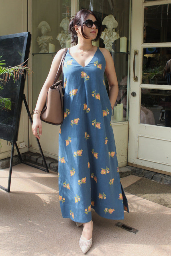 Blue Linen Dress with Pomegranate Print