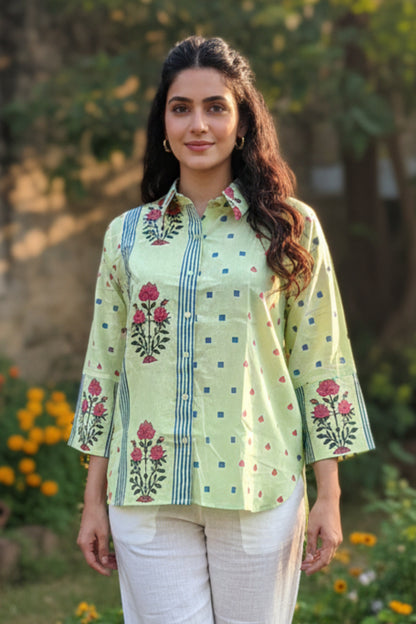 MULMUL HAND BLOCK PRINTED SHIRTS (PISTA GREEN)