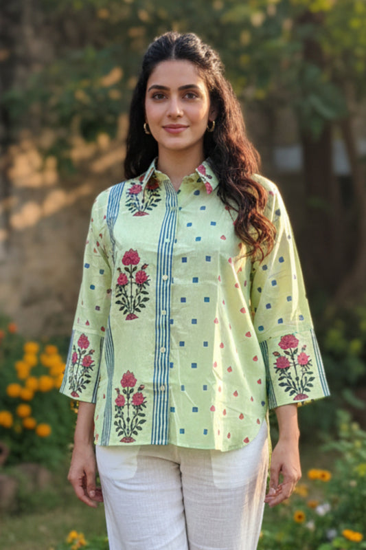 MULMUL HAND BLOCK PRINTED SHIRTS (PISTA GREEN)