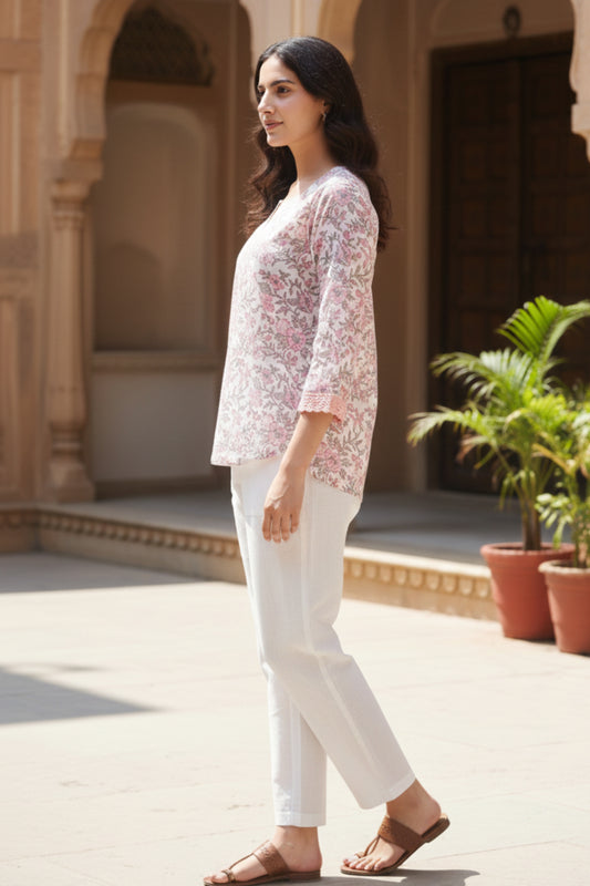 HAND BLOCK PRINTED SHIRT (PINK AND WHITE)