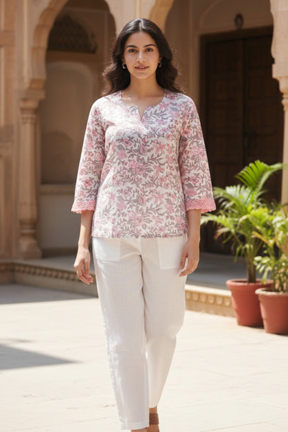 HAND BLOCK PRINTED SHIRT (PINK AND WHITE)