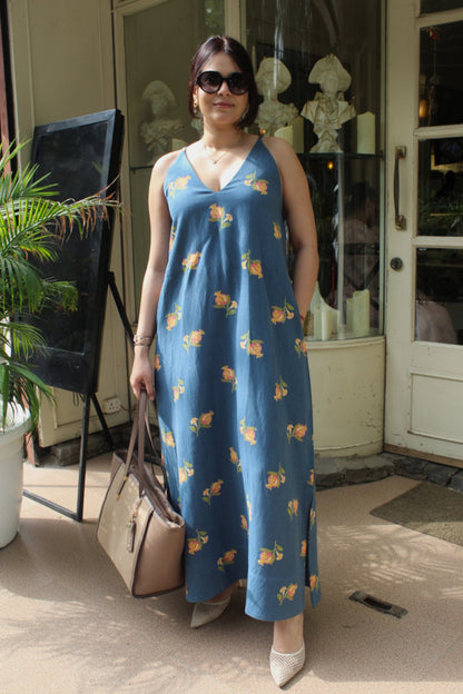 Blue Linen Dress with Pomegranate Print