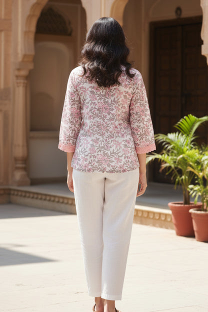HAND BLOCK PRINTED SHIRT (PINK AND WHITE)