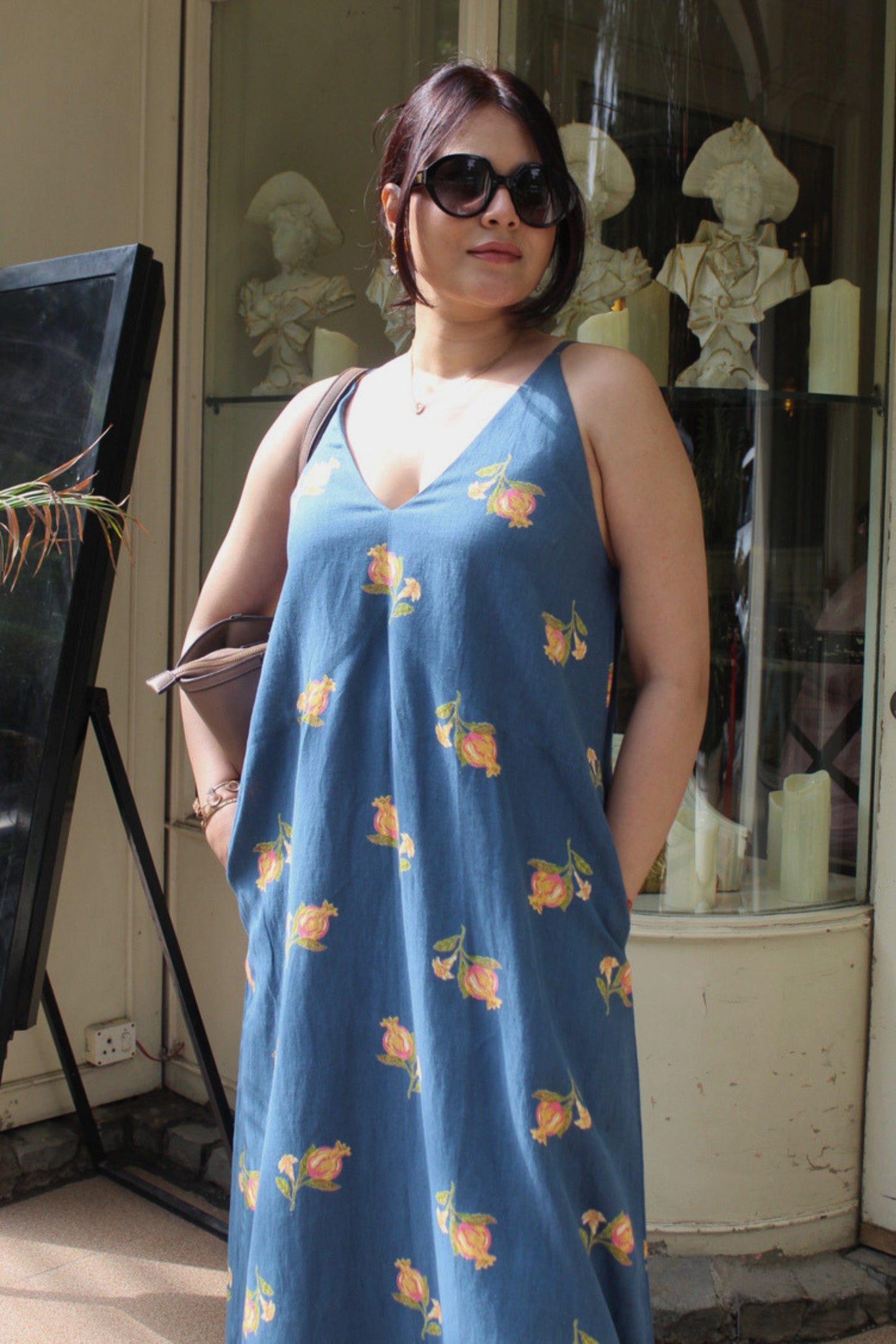 Blue Linen Dress with Pomegranate Print