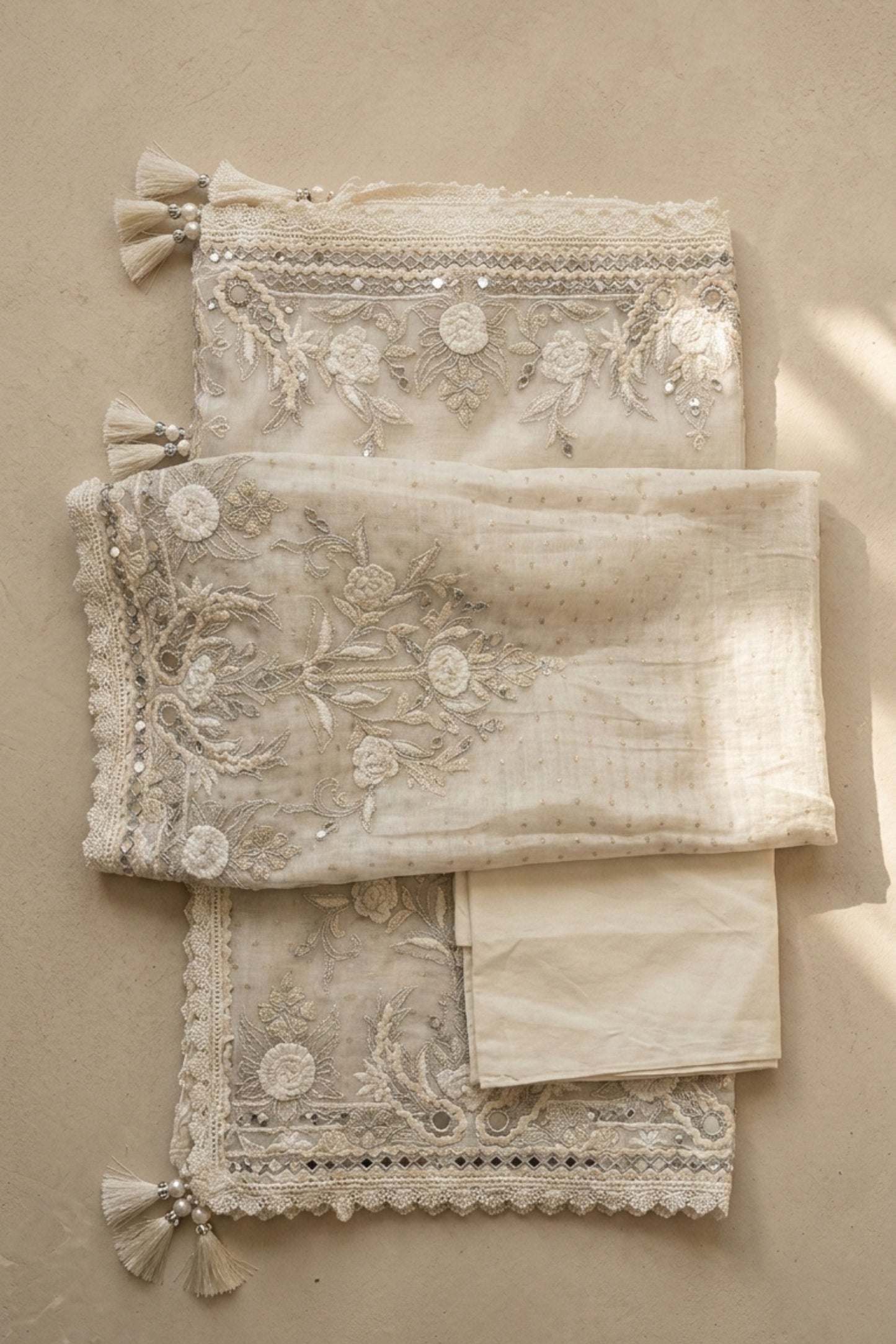 EMBROIDERED MUL CHANDERI SUIT SET