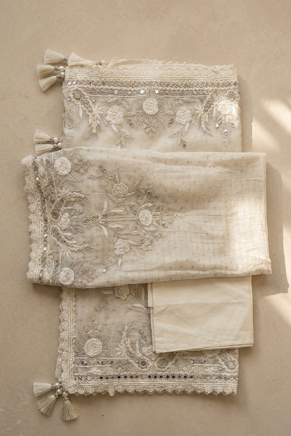 EMBROIDERED MUL CHANDERI SUIT SET