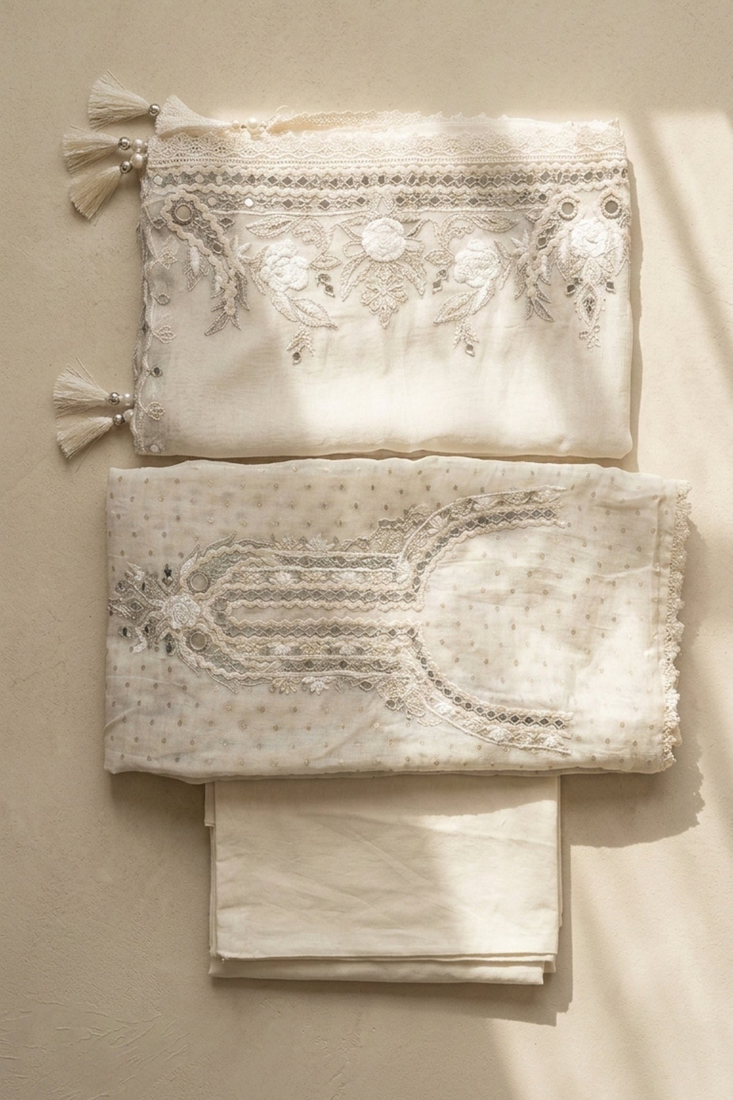 EMBROIDERED MUL CHANDERI SUIT SET