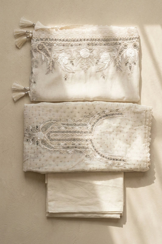 EMBROIDERED MUL CHANDERI SUIT SET