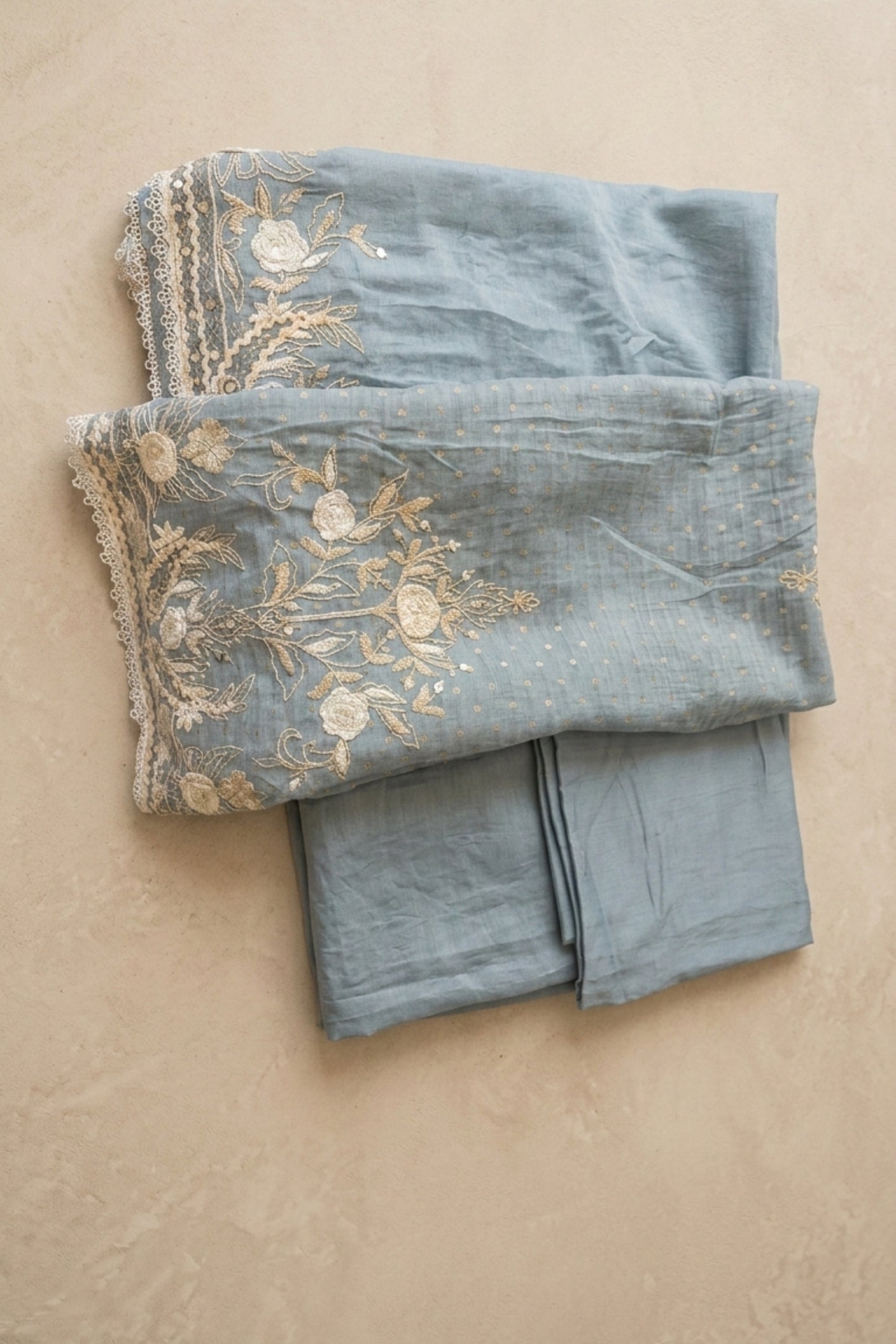 EMBROIDERED MUL CHANDERI SUIT SET
