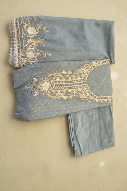 EMBROIDERED MUL CHANDERI SUIT SET