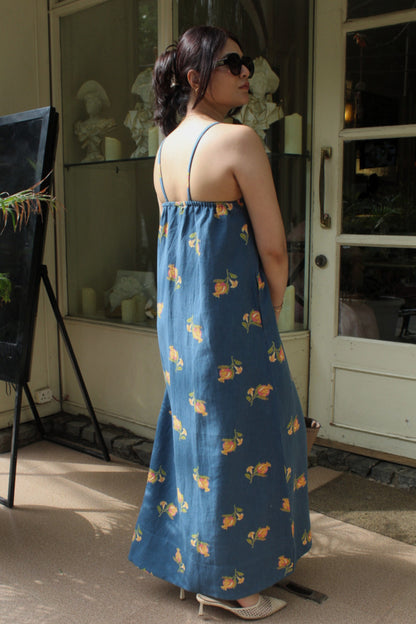 Blue Linen Dress with Pomegranate Print