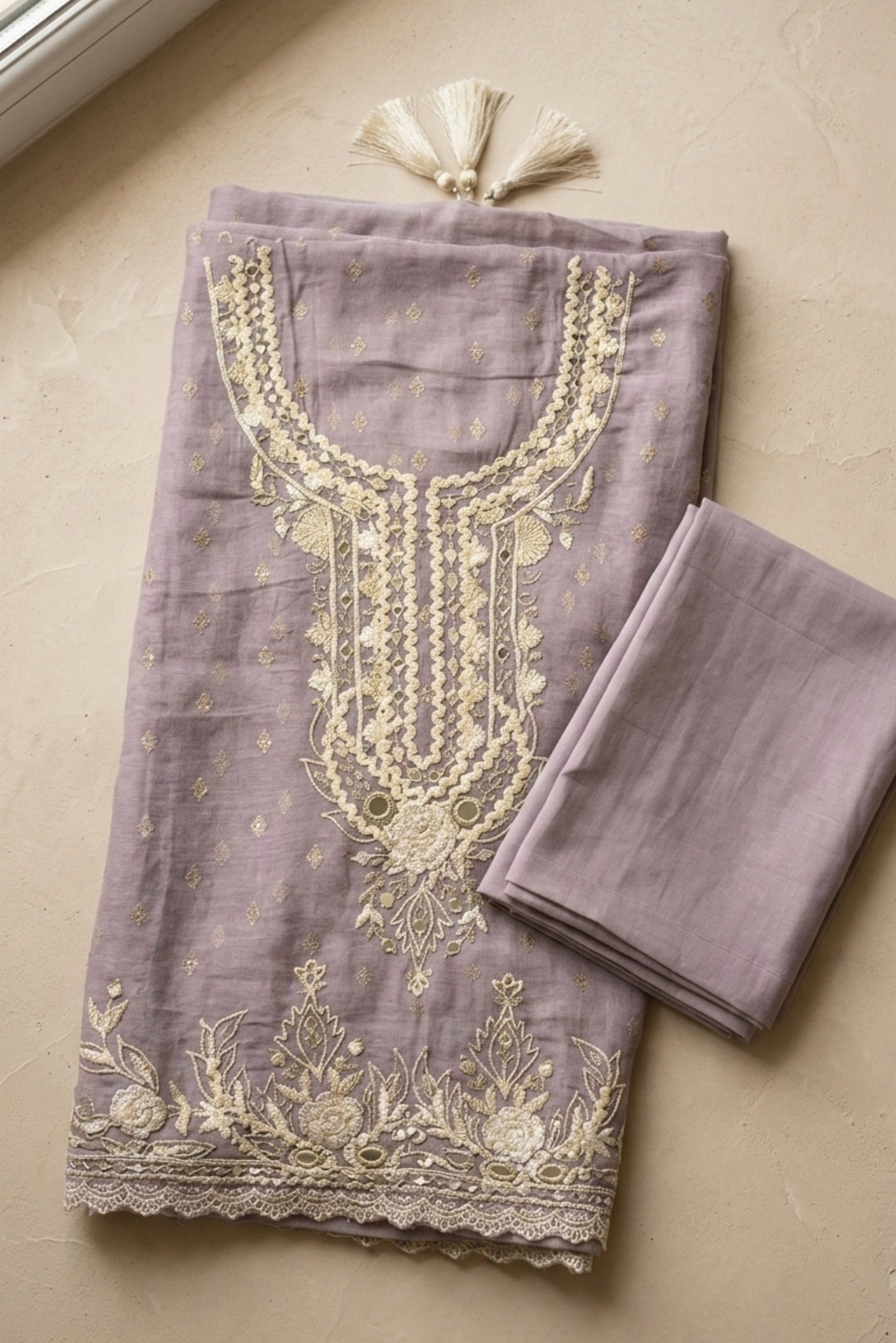 EMBROIDERED MUL CHANDERI SUIT SET