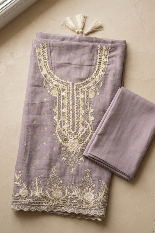 EMBROIDERED MUL CHANDERI SUIT SET