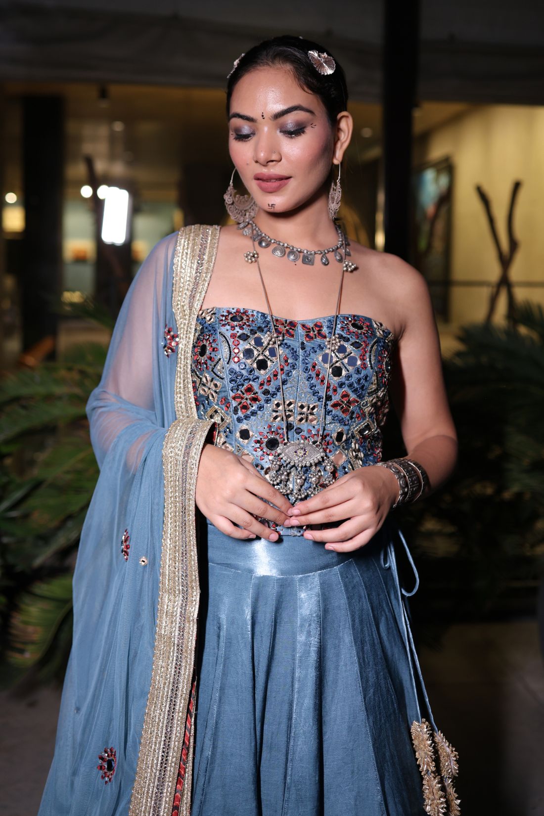 BLUE MUSHROO SILK LEHENGA