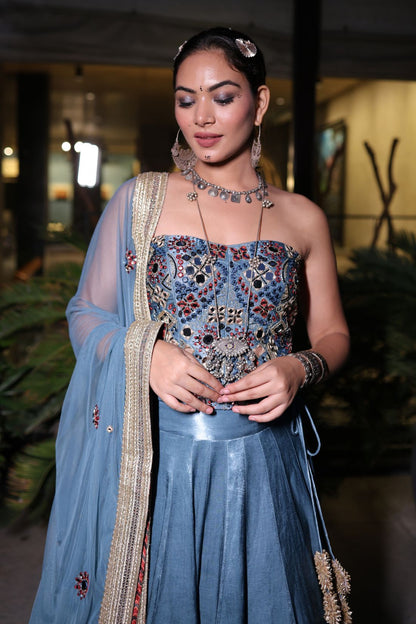 BLUE MUSHROO SILK LEHENGA