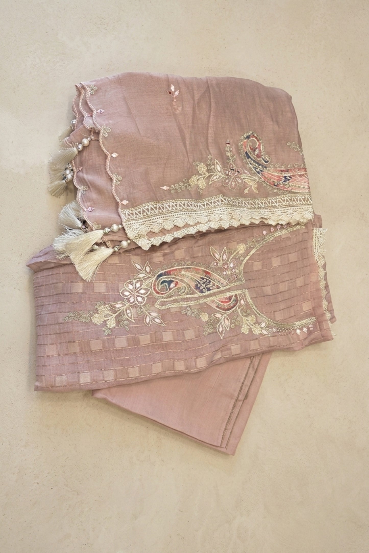 EMBROIDERED MUL CHANDERI SUIT SET