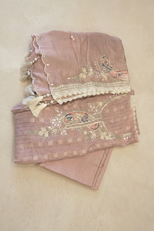 EMBROIDERED MUL CHANDERI SUIT SET