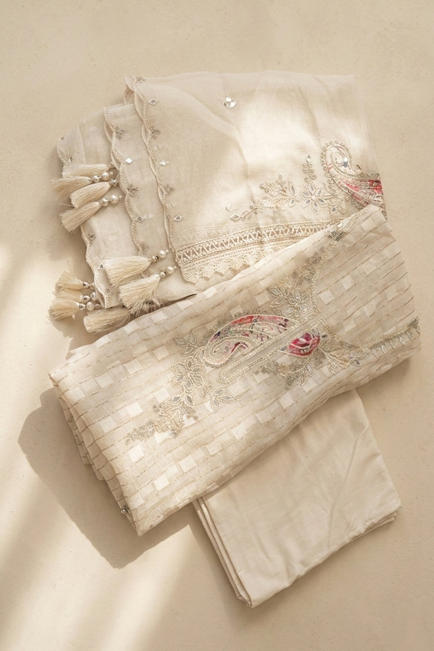 EMBROIDERED MUL CHANDERI SUIT SET