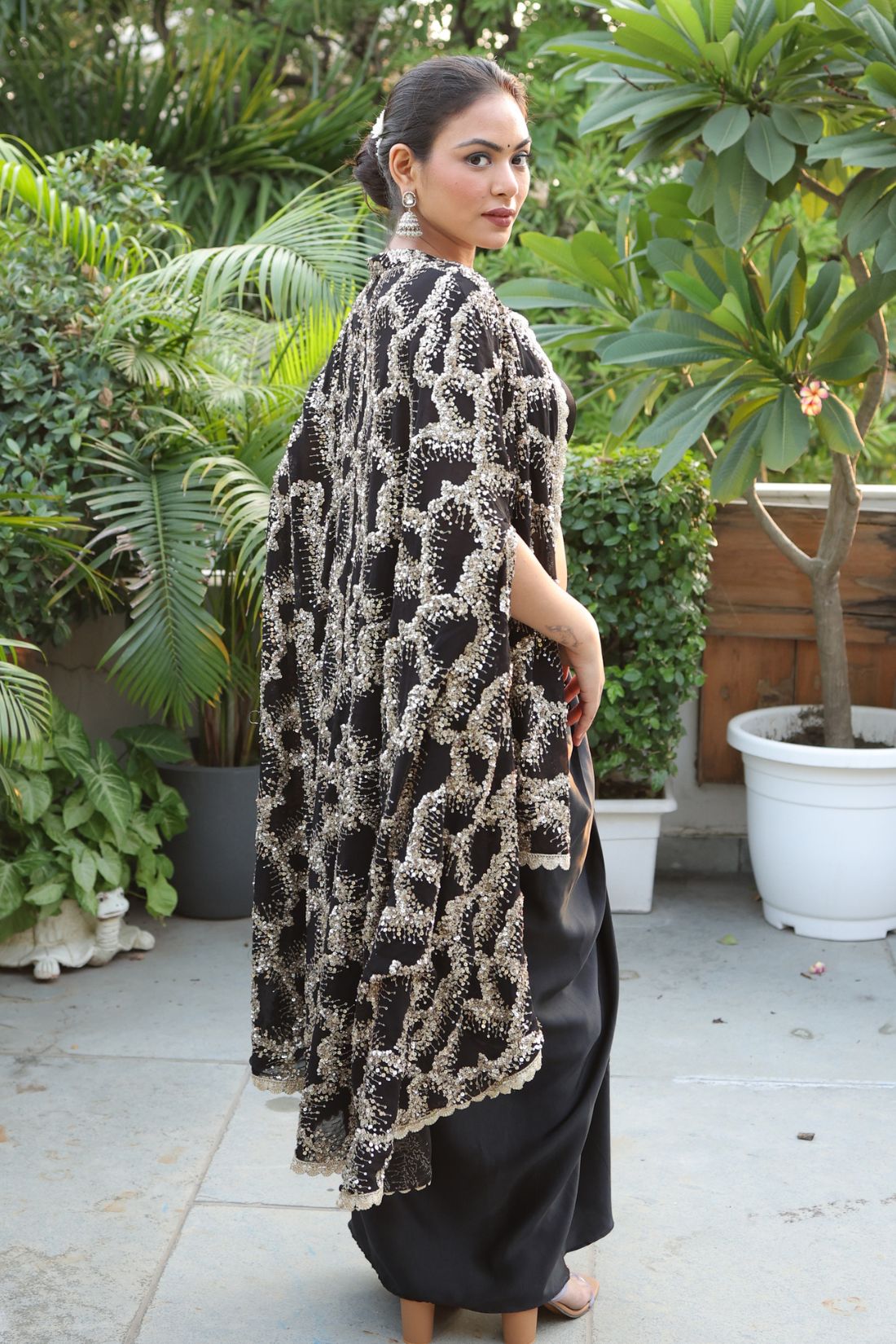 BLACK SATIN DHOTI DRESS