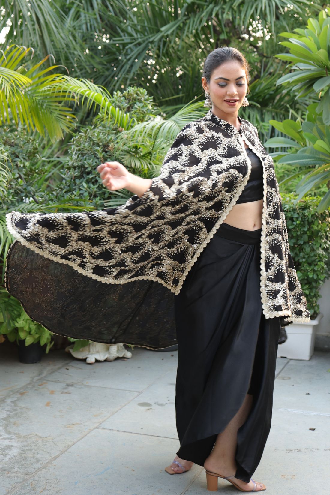 BLACK SATIN DHOTI DRESS