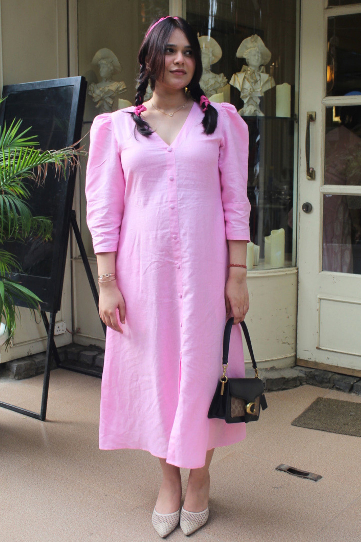 Pink Pure Linen Backless Button-Down Dress
